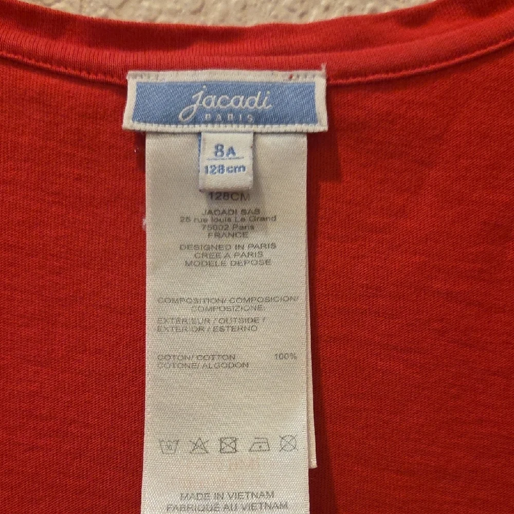 Jacadi Kids Vibrant Red Long Sleeve Tee with Navy Blue Bow.